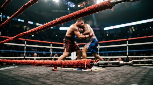 Two boxers grapple in a close clinch during a boxing match.