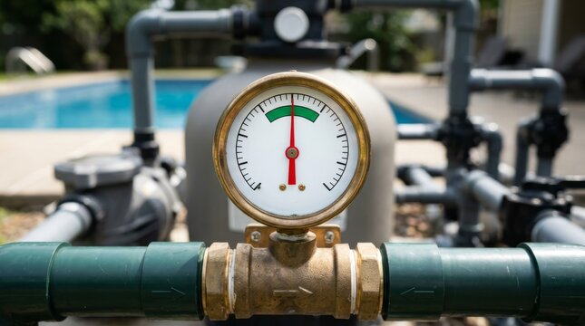 A pressure gauge sits on a network of pipes in an industrial setting.
