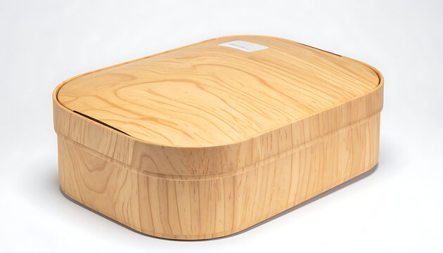 Isolated wooden storage box with textured grain lid and rounded edges, simple container for organization and craft supplies