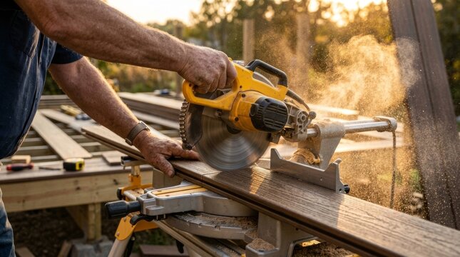 Man uses a circular saw to cut wood outdoors at a workbench.
