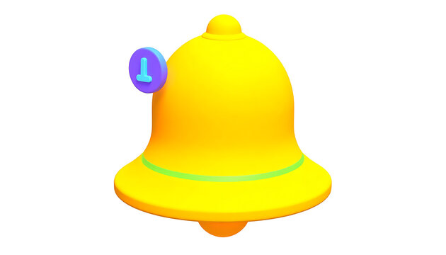 Isolated yellow notification bell icon with blue notification badge, digital alert symbol for social media and apps, simple 3d render