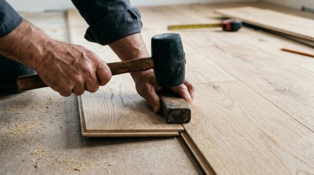 A carpenter hammers with a wooden mallet on a wood piece on a workbench.