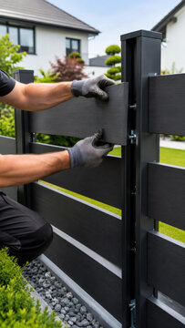 Man installing grey composite fence panel in residential garden. Builder assembling modern privacy barrier. Home improvement construction project, exterior property renovation concept.