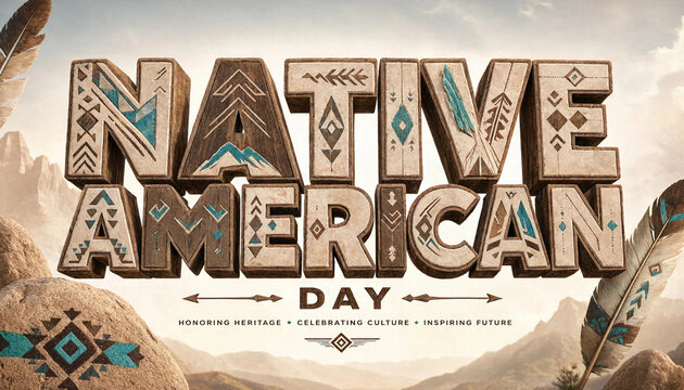 Native american day 3D lettering with tribal pattern textures and feathers american typography heritage celebration indigenous tradition lettering
