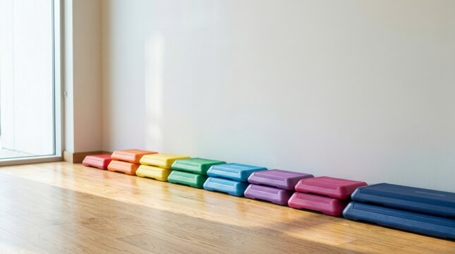 Colorful stacked foam mats are lined up along the wall by the window.
