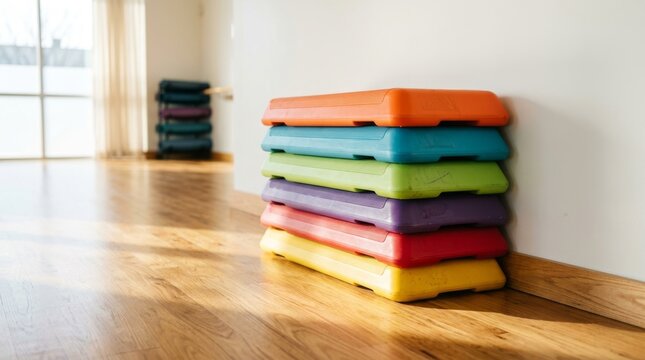 A stack of colorful aerobic steps rests against a wall in a bright room.