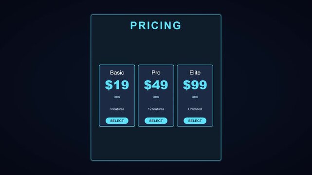 Modern saa s pricing table interface with subscription plans and select buttons for digital business websites animation 4k