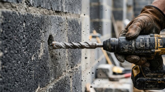 A gloved worker drills a concrete block with a power drill.