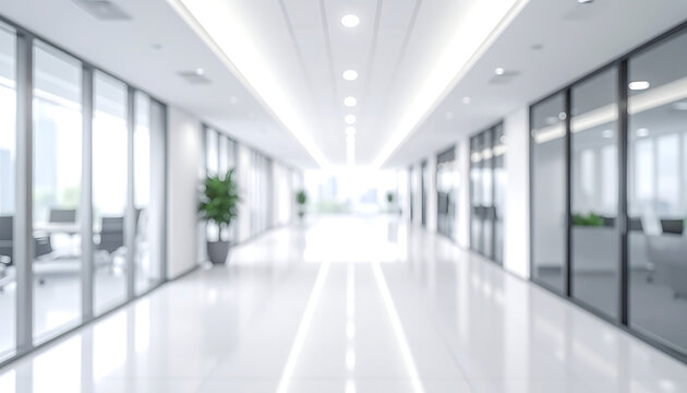 Modern office hallway with glass walls, sleek design, and bright lighting, conveying a sense of professionalism and spaciousness, ideal for corporate backdrops