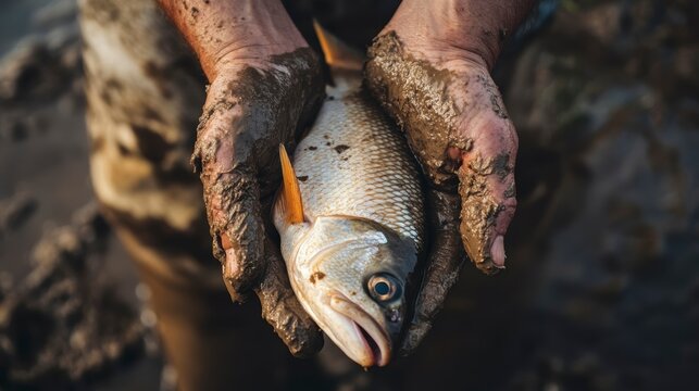 Mud-covered hands gently hold a freshly caught fish.