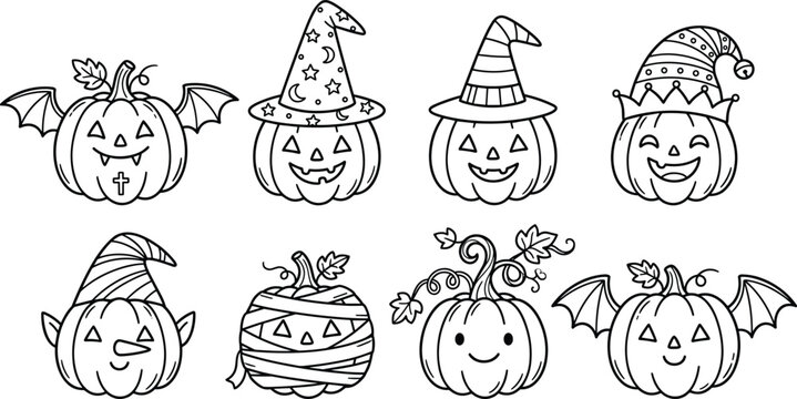 Creative Halloween pumpkin vector illustration collection featuring hats, wings, bandages, vines, ears and whimsical festive spooky decorative elements