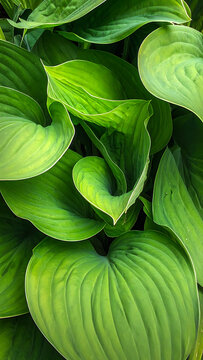 Lush green hosta leaves with textured veins and water droplets, natural foliage, fresh garden detail