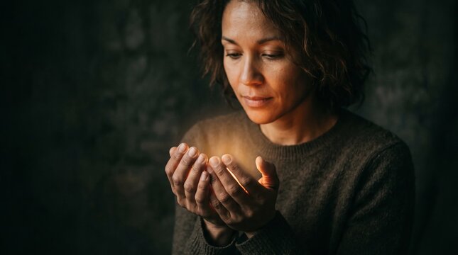 Woman holding glowing light in hands with calm expression indoors, mental health concept  