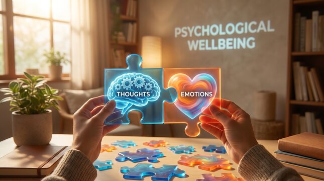 Person connecting puzzle pieces representing thoughts and emotions indoors, mental health concept    