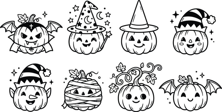 Playful Halloween pumpkin vector illustration collection featuring hats, wings, bandages, vines, ears and festive spooky decorative design elements