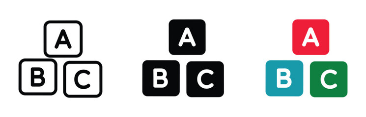 Alphabet Blocks Icon Set: A collection of simple icon sets featuring alphabet blocks labeled 'A', 'B', and 'C' in various styles, ideal for educational or organizational graphics. © Jibit