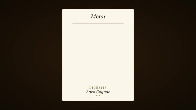 Restaurant menu card template with aged cognac digestif header for fine dining and luxury hospitality branding animation 4k