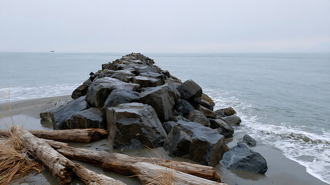 Rugged coastal landscape with a stone jetty extending into the vast sea under a tranquil, overcast sky, emphasizing nature's raw beauty