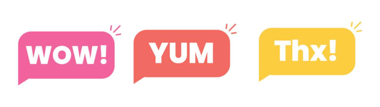 Speech Bubbles of Emotion: Vibrant speech bubbles in pink, coral, and yellow, conveying messages of surprise, delight, and gratitude with words like WOW!, YUM!, and Thx!.
