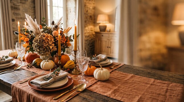 Autumn dining table styled with pumpkins and floral decor indoors  