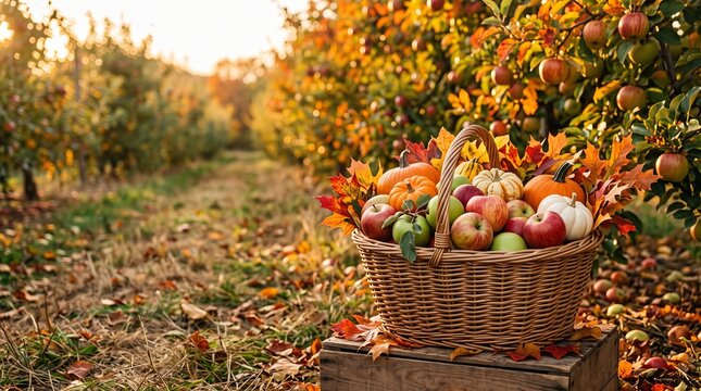 Basket of assorted autumn fruits in orchard during sunset, Fall Aesthetics  