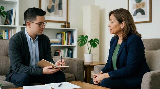 Medium shot of advisor using gentle hand motions to illustrate emotional biases while client takes notes
