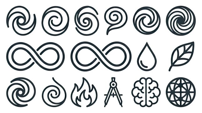 Abstract black vector icons with infinity and nature symbols.