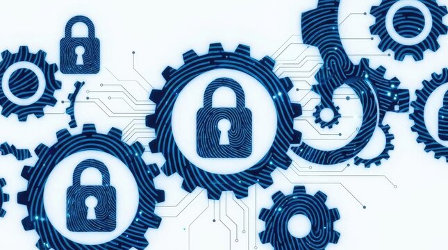 Digital cybersecurity network with lock and gear background.