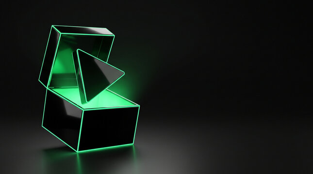 3D play button rising from glowing green neon box