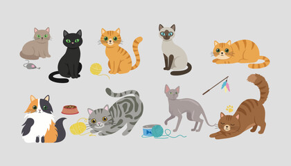 Cats of various breeds and poses interact with toys and bowls in this comprehensive set of feline illustrations. © Art