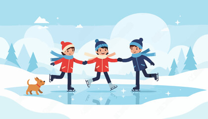Fototapeta premium Children ice skating on a frozen pond while a small dog watches them play in a snowy winter landscape.