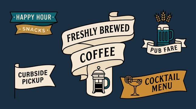 Cafe signage set showcases a fresh coffee banner, pub fare, and cocktail menu elements on a dark blue background for hospitality branding.
