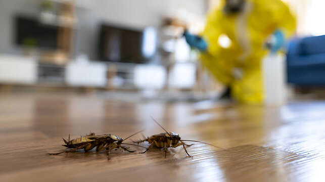 Two Blattodea on a wooden floor, with a blurred person in a yellow protective suit spraying insecticide in the background