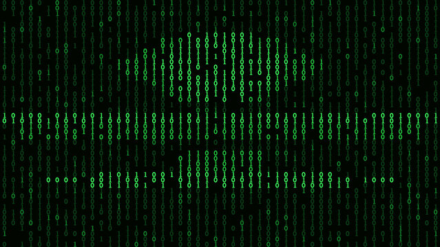 Digital surveillance eye formed by green code rain on black background representing cybersecurity and big data monitoring