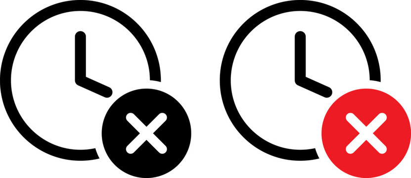 Clock icon with delete symbol. Time management failure or deadline expired sign.