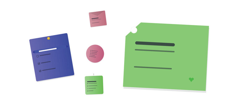 Assorted digital notes and sticky pads with to do lists, checklists, and messages on a plain white backdrop.