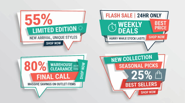 Set of Modern Geometric Promotional Banners for Retail Sales and Marketing Campaigns Featuring Various Discount Percentages and Call to Action Elements