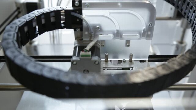 Closeup of a robotic manufacturing machine with a circular drag chain, motors, and wiring. hree dimensional printer during work, 3D printing in action.