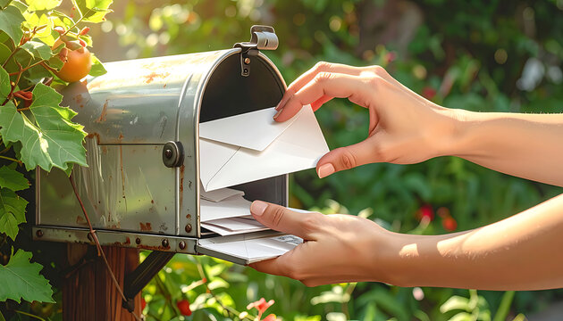 Person's hands putting letters into a rustic, weathered mailbox in a sunny garden setting, receiving mail and correspondence