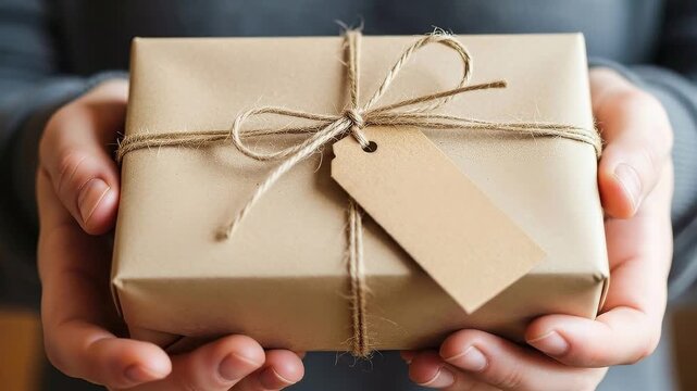 Hands holding a wrapped gift box with a blank tag