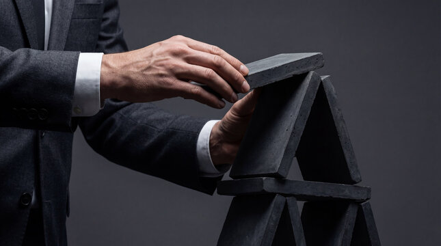 Businessman building house of stone card metaphor. Fragile career stability and business risk. Challenging work task, precarious corporate structure, professional burnout and failure.