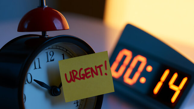 A close-up view of an urgent sticky note on an analog alarm clock with a digital timer set at 00:14 in the background, low light
