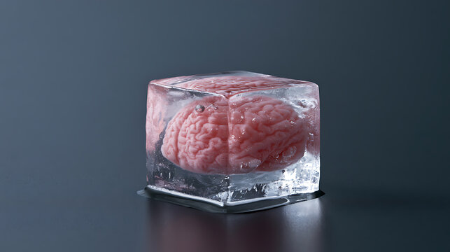 Conceptual image of a pink organ encased in a clear ice cube, representing preserved thought, cryogenic storage, or a frozen mind