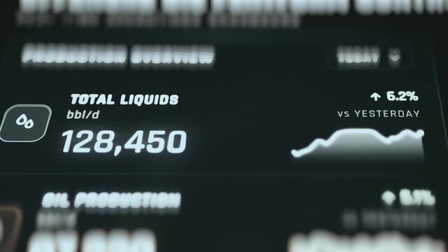 Production Overview Panel With Total Liquids Output And Daily Growth Trend On Control Room Monitor