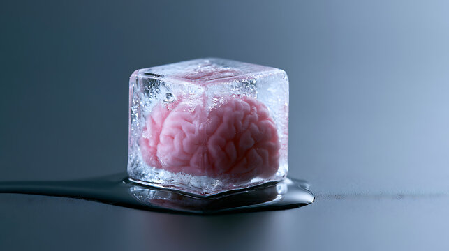 A conceptual image of a pink brain model encased within a melting ice cube, symbolizing cryogenic preservation, mental freeze, or a cool idea