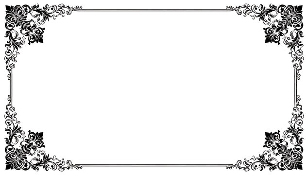 ornate black floral corner frame design element, vintage decorative border with filigree accents on white background