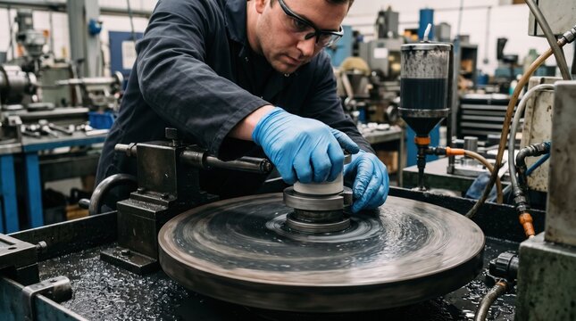 Operator closely working on a ceramic seal face lapping station applying consistent pressure to achieve uniform surface texture with specialized abrasive slurry.