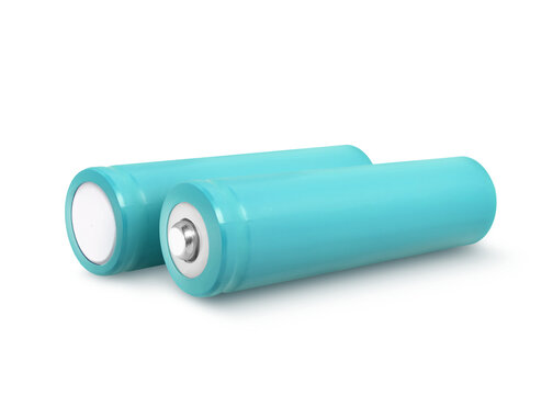 Alkaline batteries in cyan color on transparent background