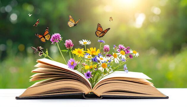 Open book with wildflowers and pixelated butterflies flying out, symbolizing imagination and nature