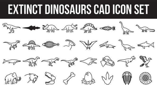 Extinct prehistoric animals and dinosaur icons set in black line art style for graphic design projects